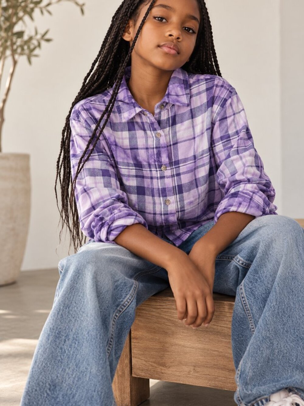 Justice Girls Purple Plaid Super Soft Flannel Button Up Shirt Y2K Size L 12/14